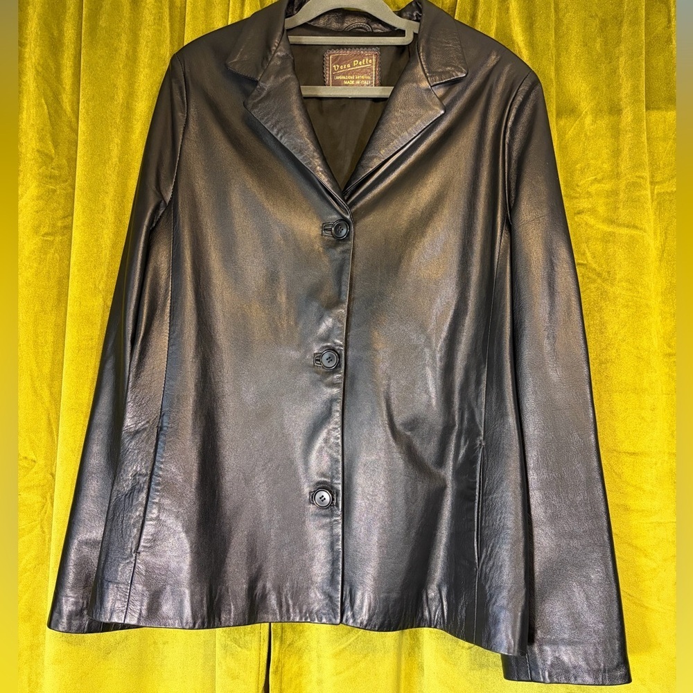 Vintage Italian Leather Vera Pelle 90’s Black Leather Blazer Made In Italy Large